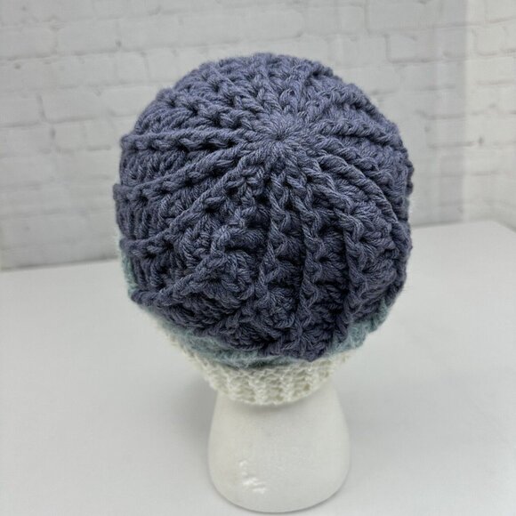 Handmade Women's NEW Braided Virgin Wool Knit Beanie - White Light Blue and Blue - Picture 4 of 12